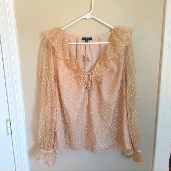 NWT J. Crew Ruffleneck Clip-dot Top Bow Detail Cream Sheer Long Sleeve size XL - Picture 1 of 9